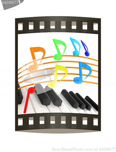 Image of music notes  background. 3D illustration. The film strip.