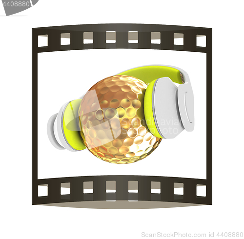 Image of Gold Golf Ball With headphones. 3d illustration. The film strip.