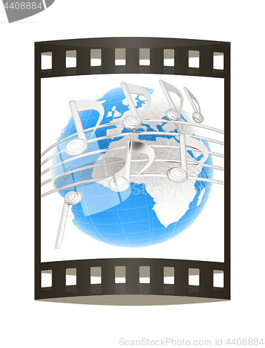 Image of music notes  background. 3D illustration. The film strip.