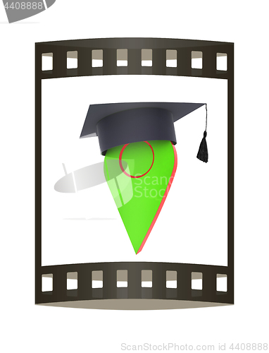 Image of Geo pin with graduation hat on white. School sign, geolocation a