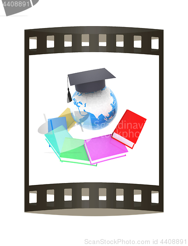 Image of Earth of education with books around and graduation hat. Global 