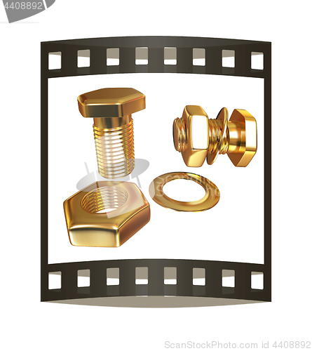 Image of Gold Bolt with nut. 3d illustration. The film strip.