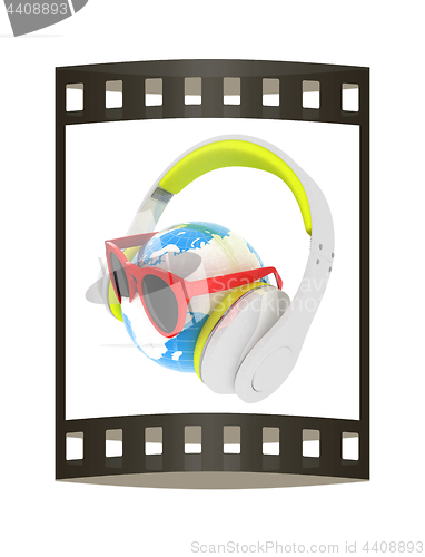 Image of Earth planet with earphones and sunglasses. 3d illustration. The