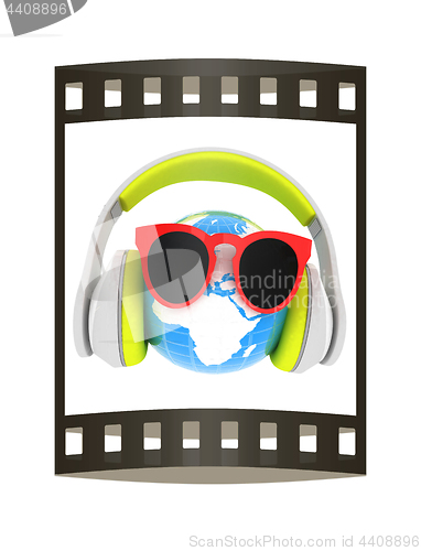 Image of Earth planet with earphones and sunglasses. 3d illustration. The