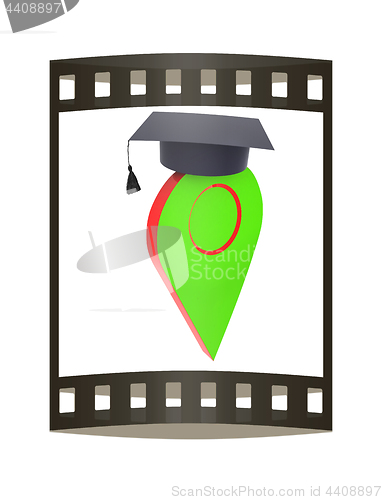 Image of Geo pin with graduation hat on white. School sign, geolocation a