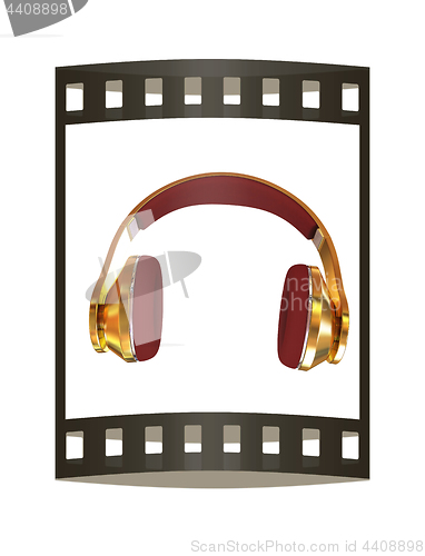 Image of Golden headphones. 3d illustration. The film strip.