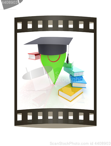 Image of Pointer of education in graduation hat with books around. 3d ill