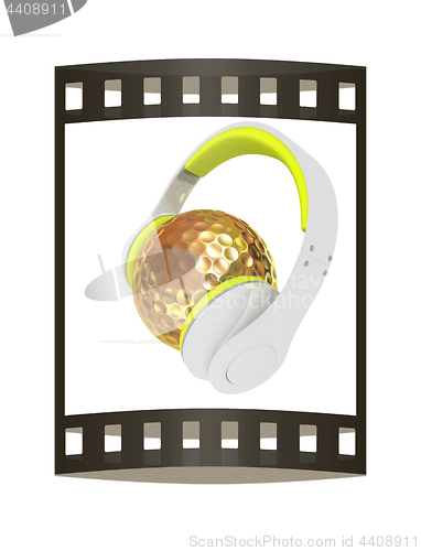 Image of Gold Golf Ball With headphones. 3d illustration. The film strip.