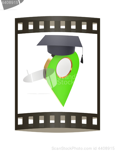 Image of Geo pin with graduation hat on white. School sign, geolocation a