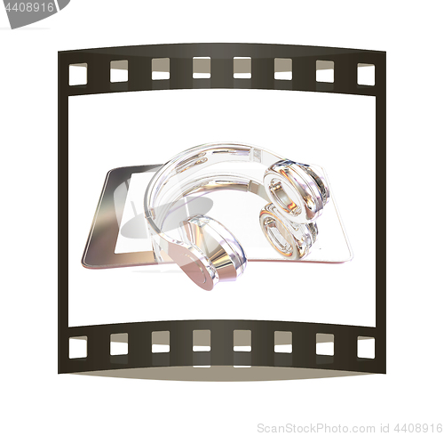 Image of Smartphone with headphones. Chrome icon. 3d illustration. The fi