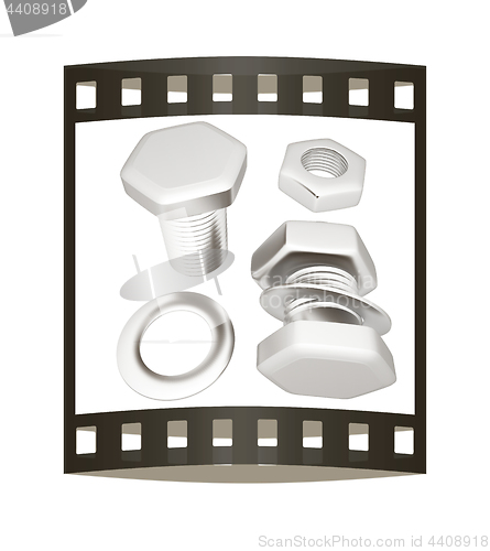 Image of Screws and nuts set. 3d illustration. The film strip.