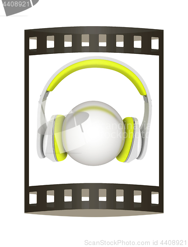 Image of Headphones with metal ball. 3d illustration. The film strip.