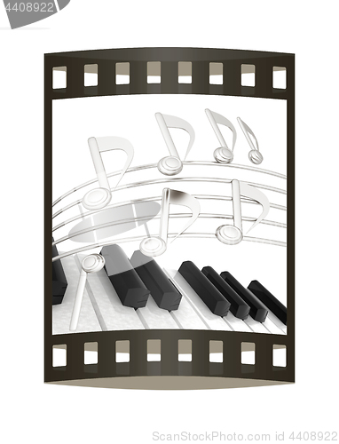 Image of music notes  background. 3D illustration. The film strip.