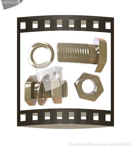 Image of Screws and nuts set. 3d illustration. The film strip.