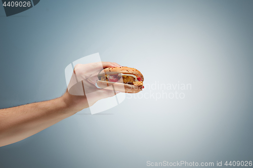 Image of Male hand holding tasty hamburger