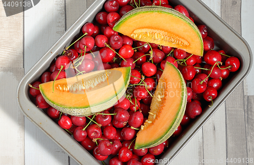 Image of Honeydew melon and cherry fruits 