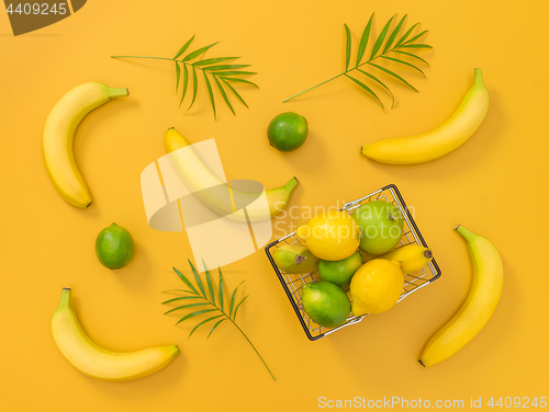 Image of Bananas, citrus fruits and palm leaves on yellow background