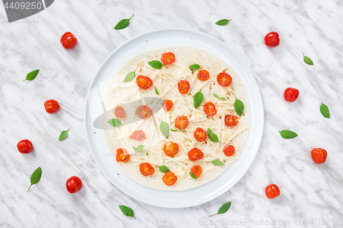 Image of Preparing vegetarian tortilla with tomatoes, cheese and basil