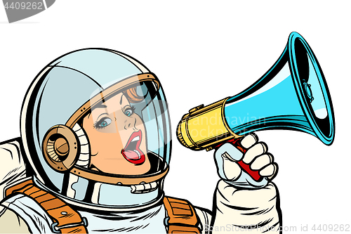 Image of woman astronaut with megaphone isolate on white background