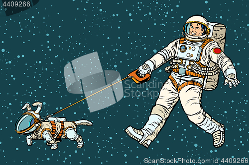 Image of astronaut walking dog in a space suit