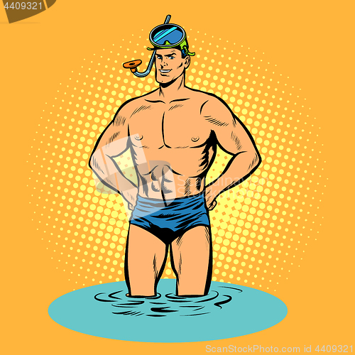 Image of Swimmer in swimming trunks and mask for scuba diving