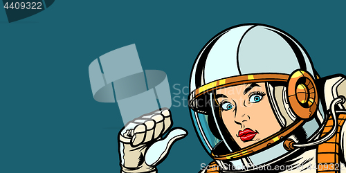 Image of astronaut woman fist hand pointing at herself