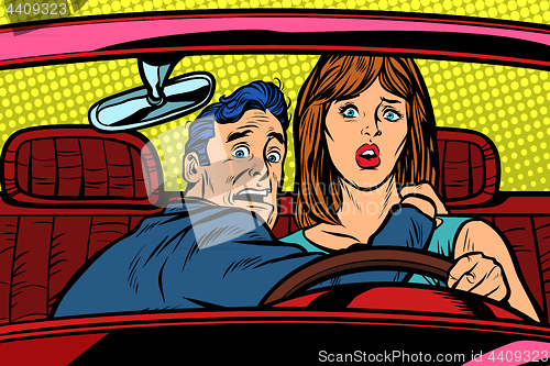 Image of Accident car road. Funny man and woman driver