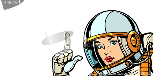 Image of astronaut woman pointing finger up, isolate on white background