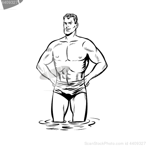 Image of Man swimmer in swimming trunks. black and white outline