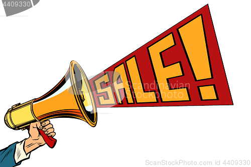 Image of speaker megaphone sale text isolate on white background