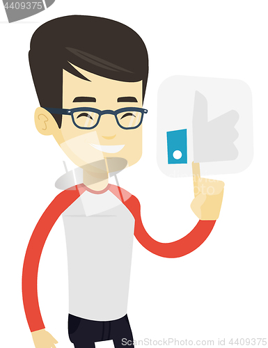 Image of Man pressing like button vector illustration.