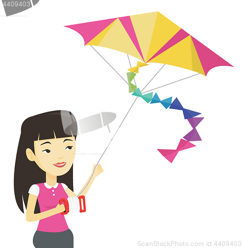 Image of Young woman flying kite vector illustration.