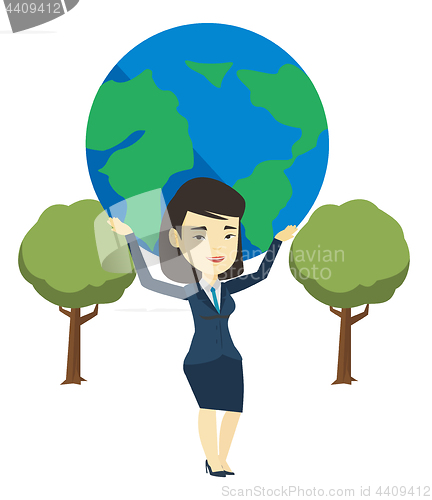 Image of Business woman holding globe vector illustration.