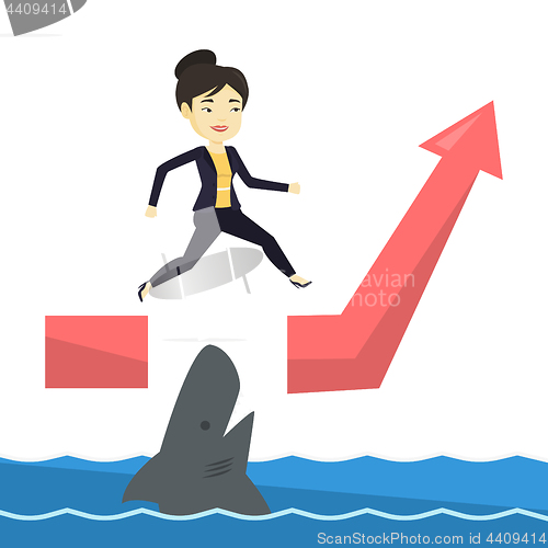 Image of Business woman jumping over ocean with shark.