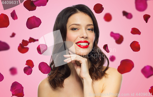 Image of beautiful smiling young woman with red lipstick