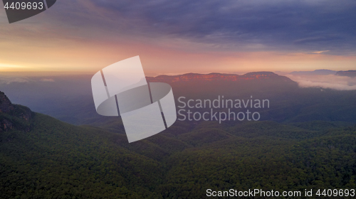 Image of Beautiful sunrise over Jamison Valley. Australia