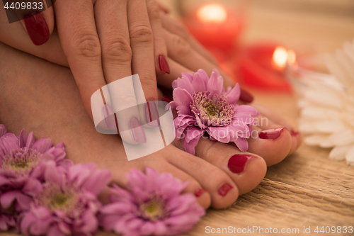 Image of female feet and hands at spa salon