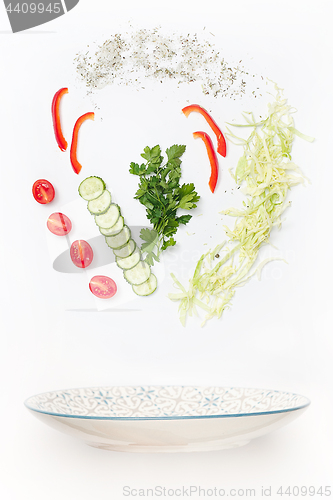 Image of The salad bowl in flight with vegetables: tomato, cucumber, cabbage on white background