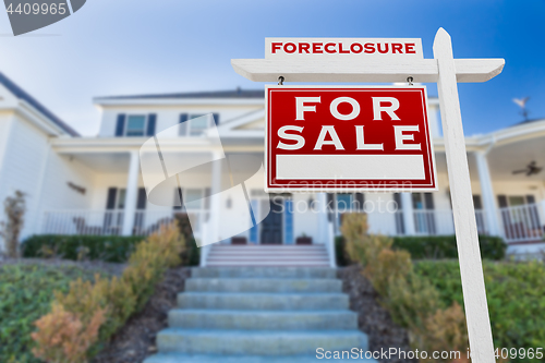 Image of Left Facing Foreclosure For Sale Real Estate Sign in Front of Ho