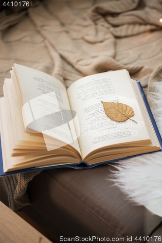 Image of book with autumn leaf on page on sofa at home