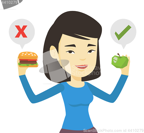 Image of Woman choosing between hamburger and cupcake.