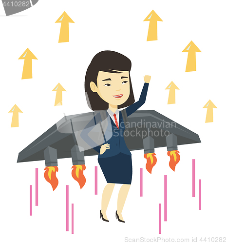 Image of Business woman flying on the rocket to success.