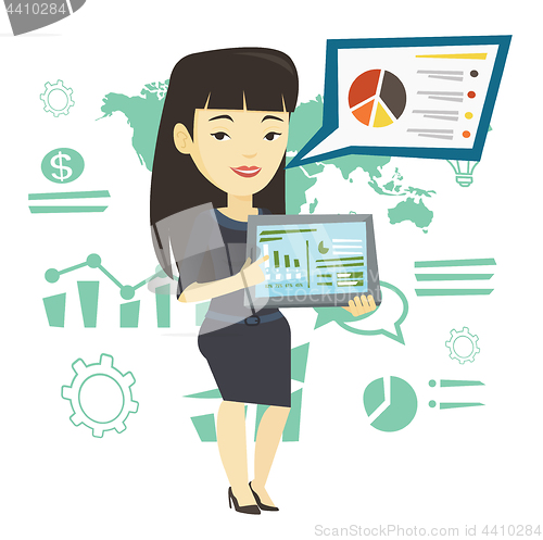 Image of Businesswoman presenting report on tablet computer