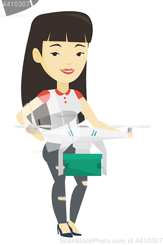 Image of Woman controlling delivery drone with post package