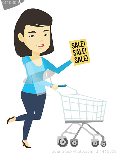 Image of Woman running in hurry to the store on sale.