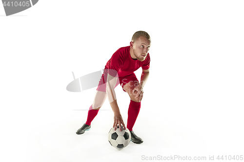 Image of Professional football soccer player with ball isolated white background