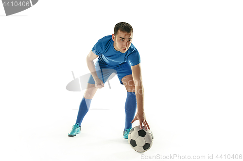 Image of Professional football soccer player with ball isolated white background