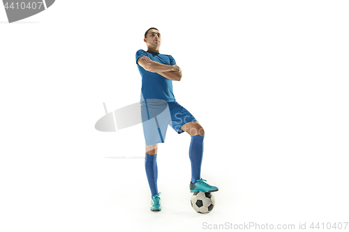 Image of Professional football soccer player with ball isolated white background