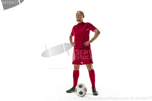 Image of Professional football soccer player with ball isolated white background