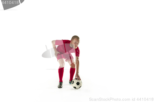 Image of Professional football soccer player with ball isolated white background